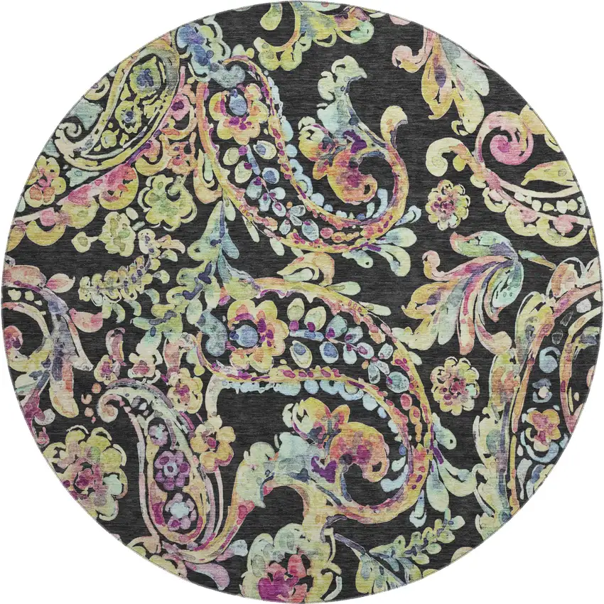 8' Black Blue And Pink Paisley Washable Round Rug With UV Protection Photo 1