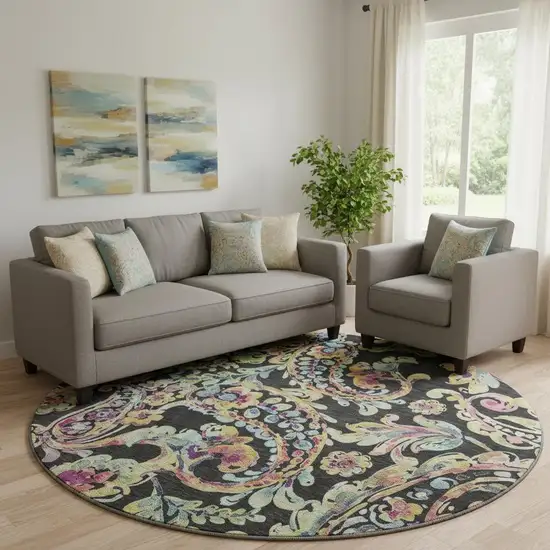 8' Black Blue And Pink Paisley Washable Round Rug With UV Protection Photo 1