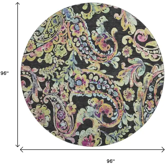 8' Black Blue And Pink Paisley Washable Round Rug With UV Protection Photo 3