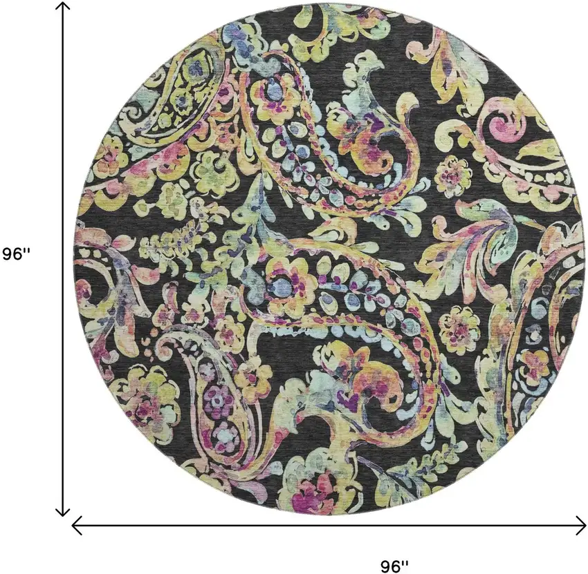 8' Black Blue And Pink Paisley Washable Round Rug With UV Protection Photo 3