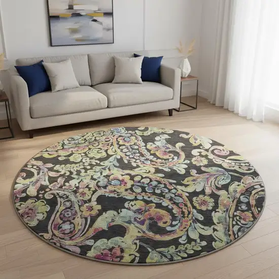 8' Black Blue And Pink Paisley Washable Round Rug With UV Protection Photo 2