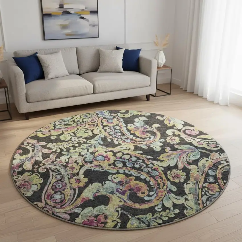 8' Black Blue And Pink Paisley Washable Round Rug With UV Protection Photo 2