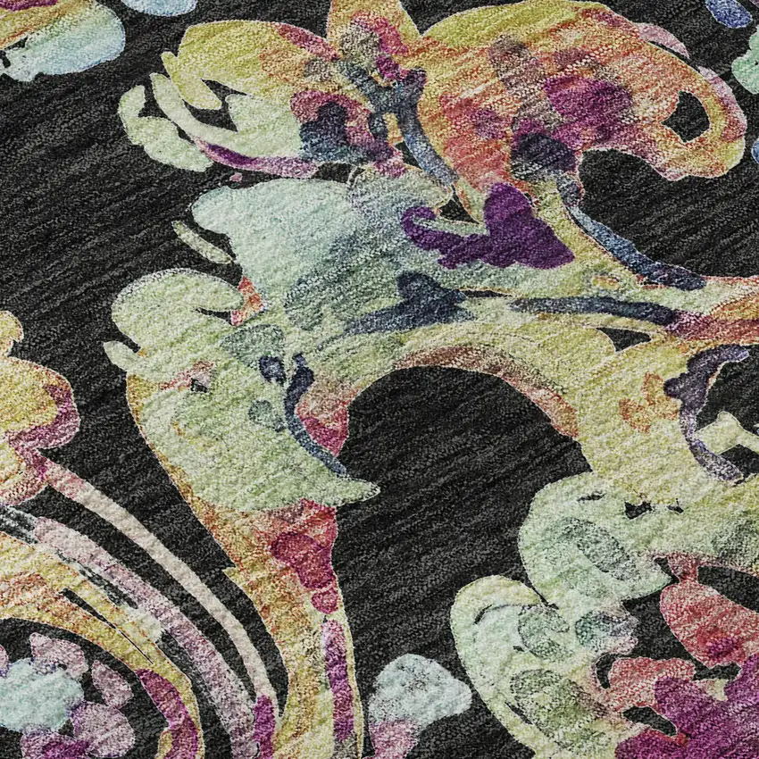 8' Black Blue And Pink Paisley Washable Round Rug With UV Protection Photo 9