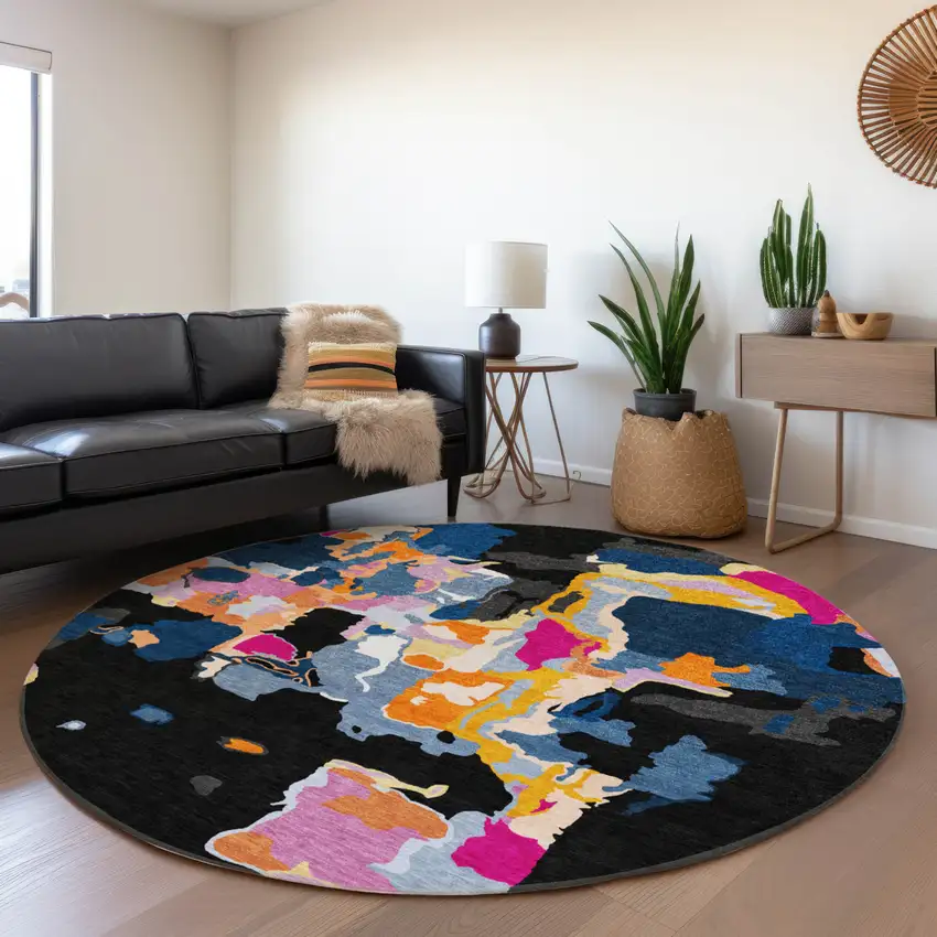 8' Black Blue And Pink Round Abstract Washable Indoor Outdoor Area Rug Photo 8