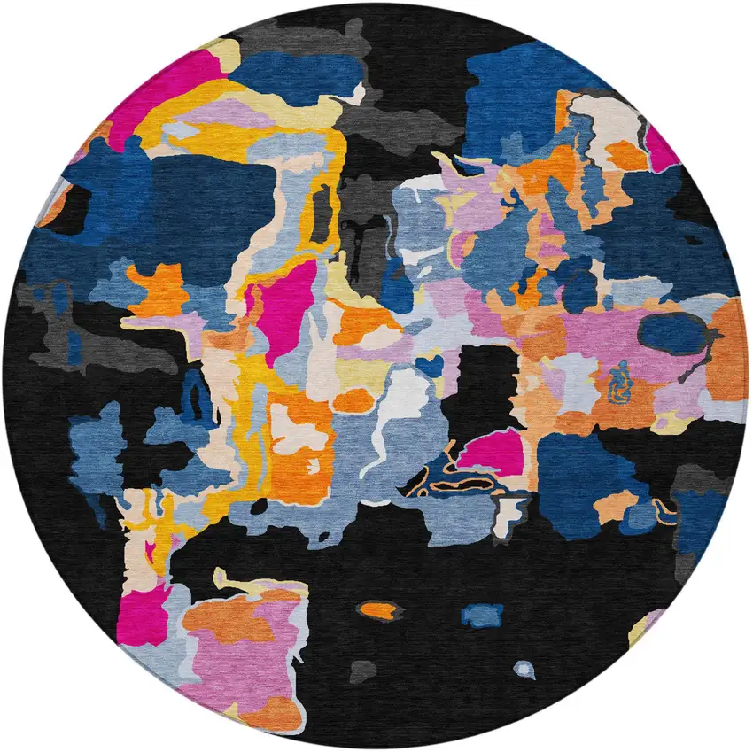 8' Black Blue And Pink Round Abstract Washable Indoor Outdoor Area Rug Photo 5