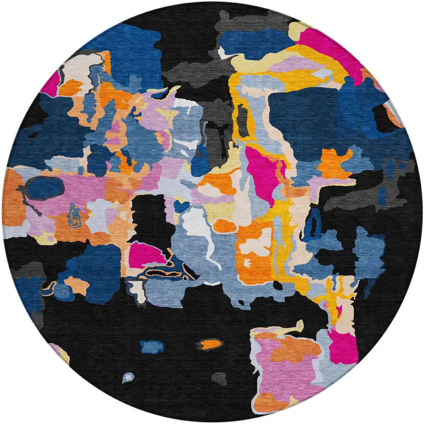 8' Black Blue And Pink Round Abstract Washable Indoor Outdoor Area Rug Photo 2