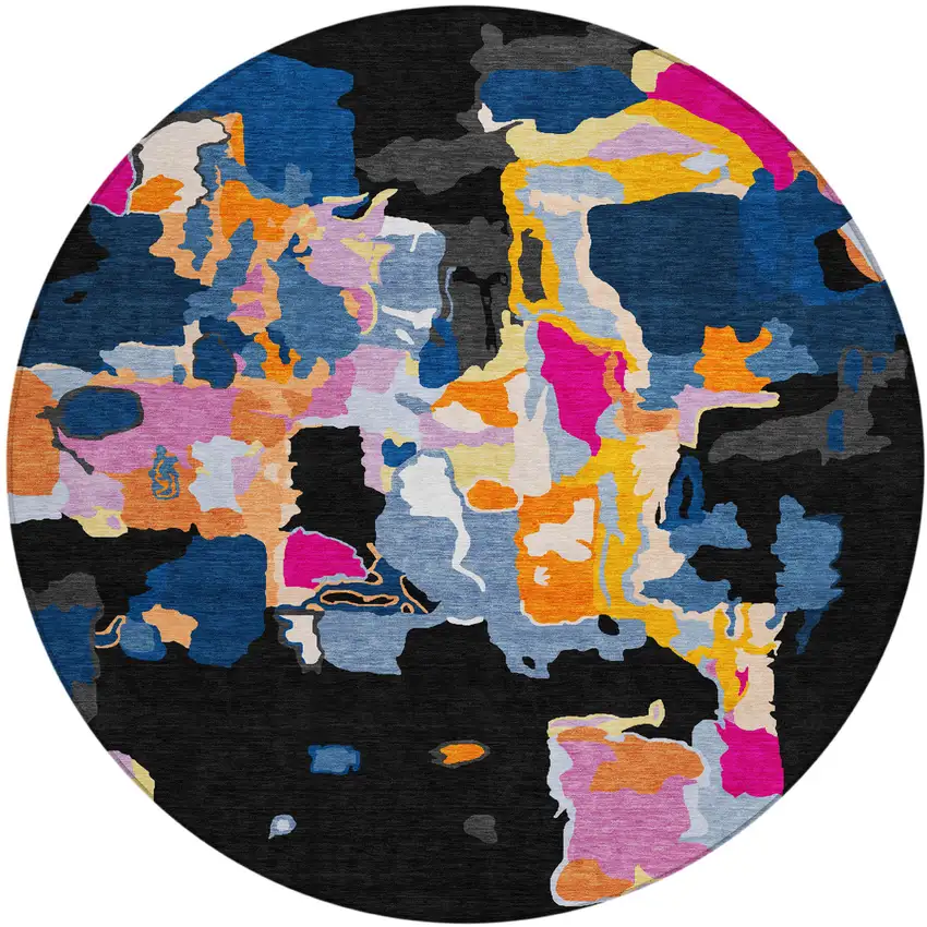 8' Black Blue And Pink Round Abstract Washable Indoor Outdoor Area Rug Photo 2
