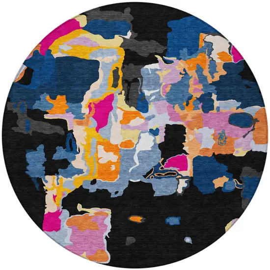 8' Black Blue And Pink Round Abstract Washable Indoor Outdoor Area Rug Photo 6