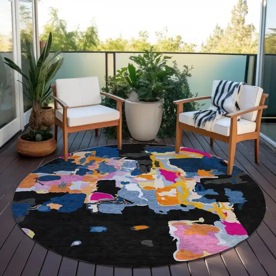 8' Black Blue And Pink Round Abstract Washable Indoor Outdoor Area Rug Photo 7