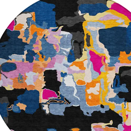 8' Black Blue And Pink Round Abstract Washable Indoor Outdoor Area Rug Photo 4