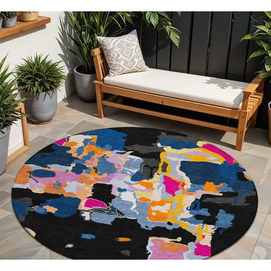 8' Black Blue And Pink Round Abstract Washable Indoor Outdoor Area Rug Photo 1
