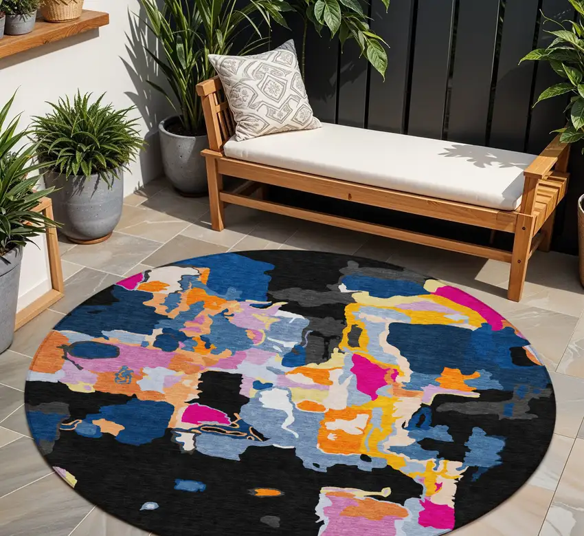 8' Black Blue And Pink Round Abstract Washable Indoor Outdoor Area Rug Photo 1