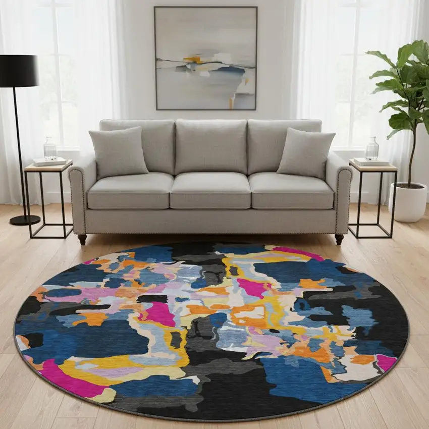 8' Black Blue Yellow And Pink Abstract Washable Round Rug With UV Protection Photo 2
