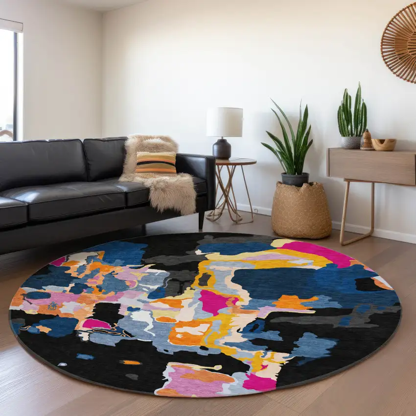 8' Black Blue Yellow And Pink Abstract Washable Round Rug With UV Protection Photo 4