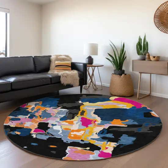 8' Black Blue Yellow And Pink Abstract Washable Round Rug With UV Protection Photo 4