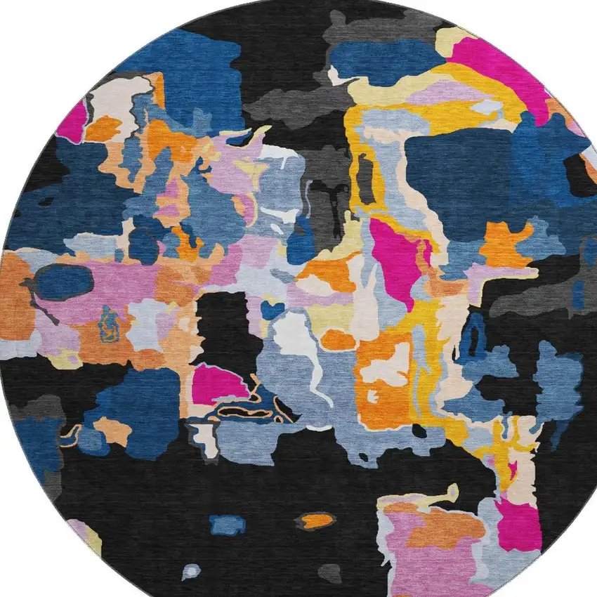 8' Black Blue Yellow And Pink Abstract Washable Round Rug With UV Protection Photo 3