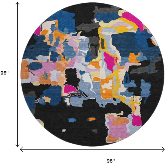 8' Black Blue Yellow And Pink Abstract Washable Round Rug With UV Protection Photo 9