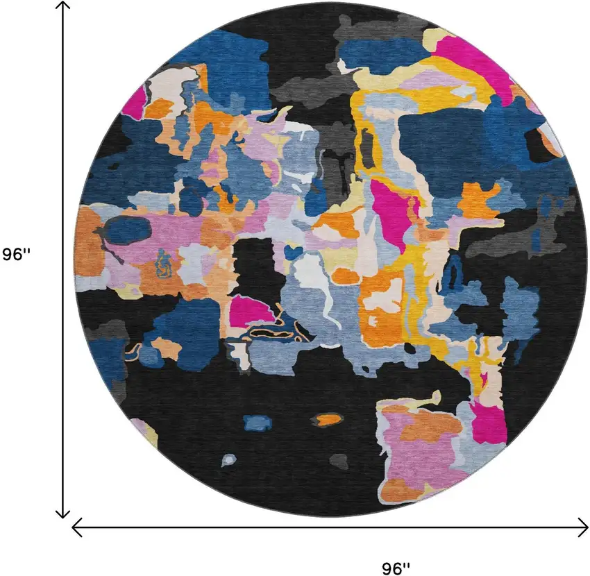 8' Black Blue Yellow And Pink Abstract Washable Round Rug With UV Protection Photo 9