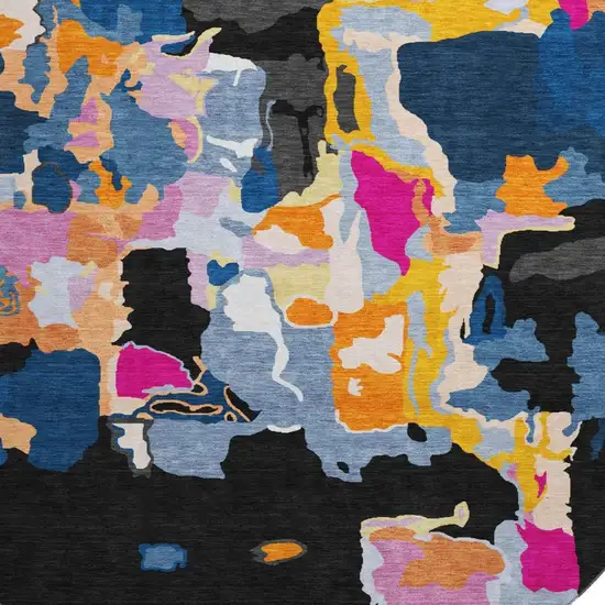 8' Black Blue Yellow And Pink Abstract Washable Round Rug With UV Protection Photo 2