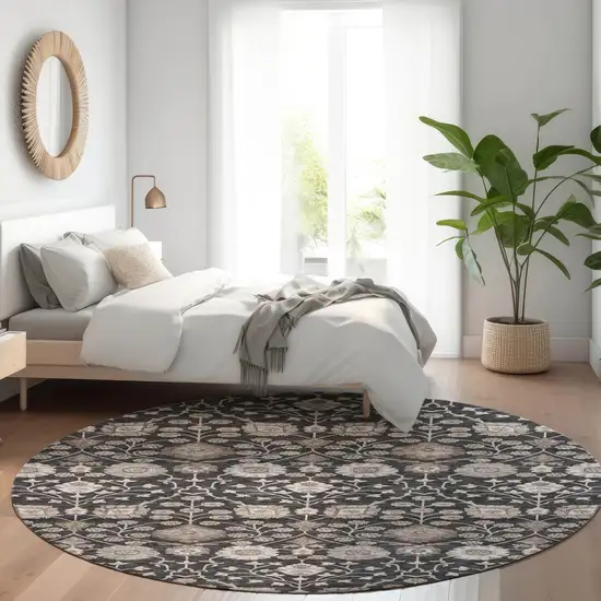 8' Black Brown And Beige Round Floral Washable Indoor Outdoor Area Rug Photo 8
