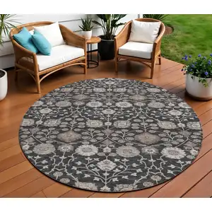 Photo of 8' Black Brown And Beige Round Floral Washable Indoor Outdoor Area Rug