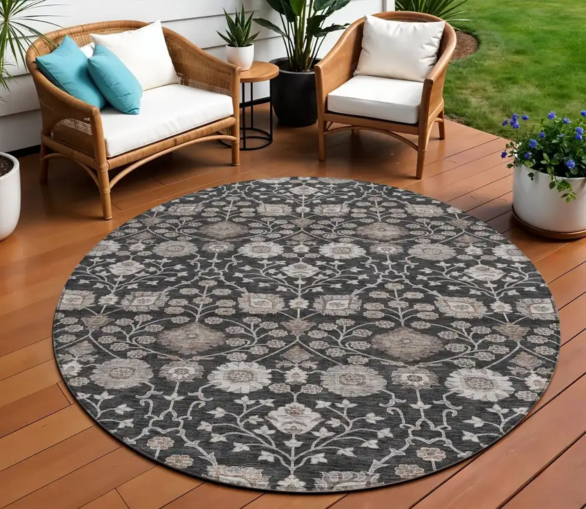 8' Black Brown And Beige Round Floral Washable Indoor Outdoor Area Rug Photo 1