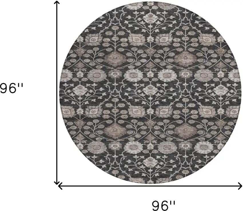 8' Black Brown And Beige Round Floral Washable Indoor Outdoor Area Rug Photo 9