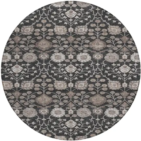 8' Black Brown And Beige Round Floral Washable Indoor Outdoor Area Rug Photo 2