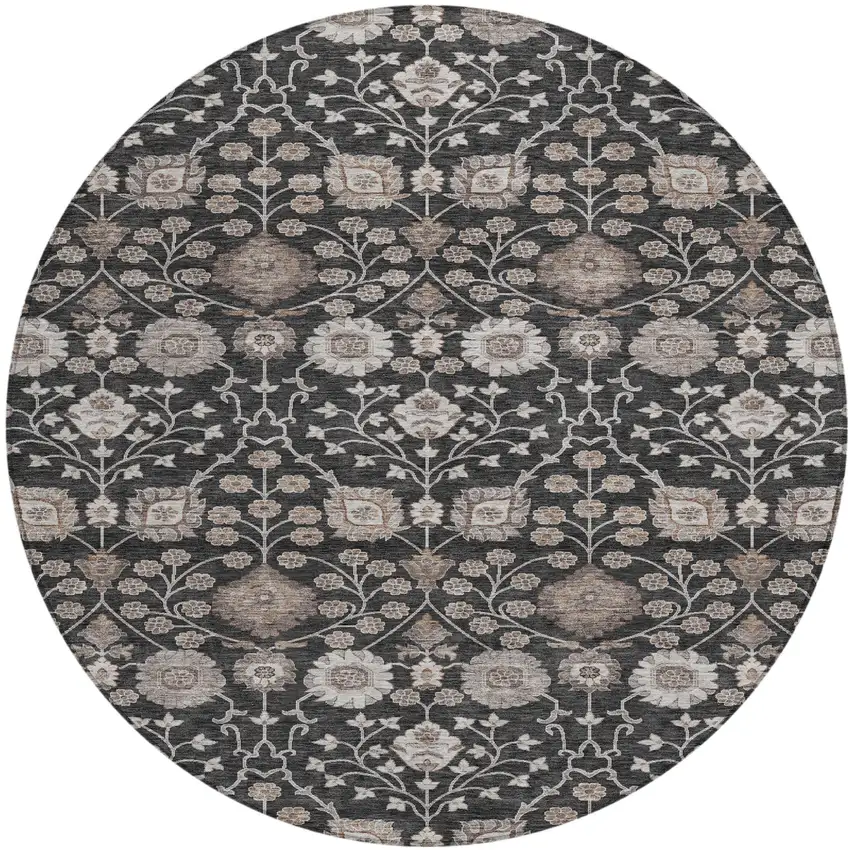 8' Black Brown And Beige Round Floral Washable Indoor Outdoor Area Rug Photo 2