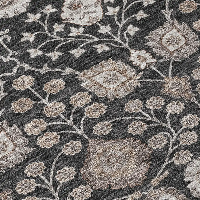 8' Black Brown And Beige Round Floral Washable Indoor Outdoor Area Rug Photo 8