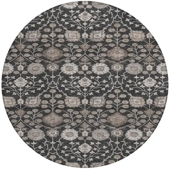 8' Black Brown And Beige Round Floral Washable Indoor Outdoor Area Rug Photo 6