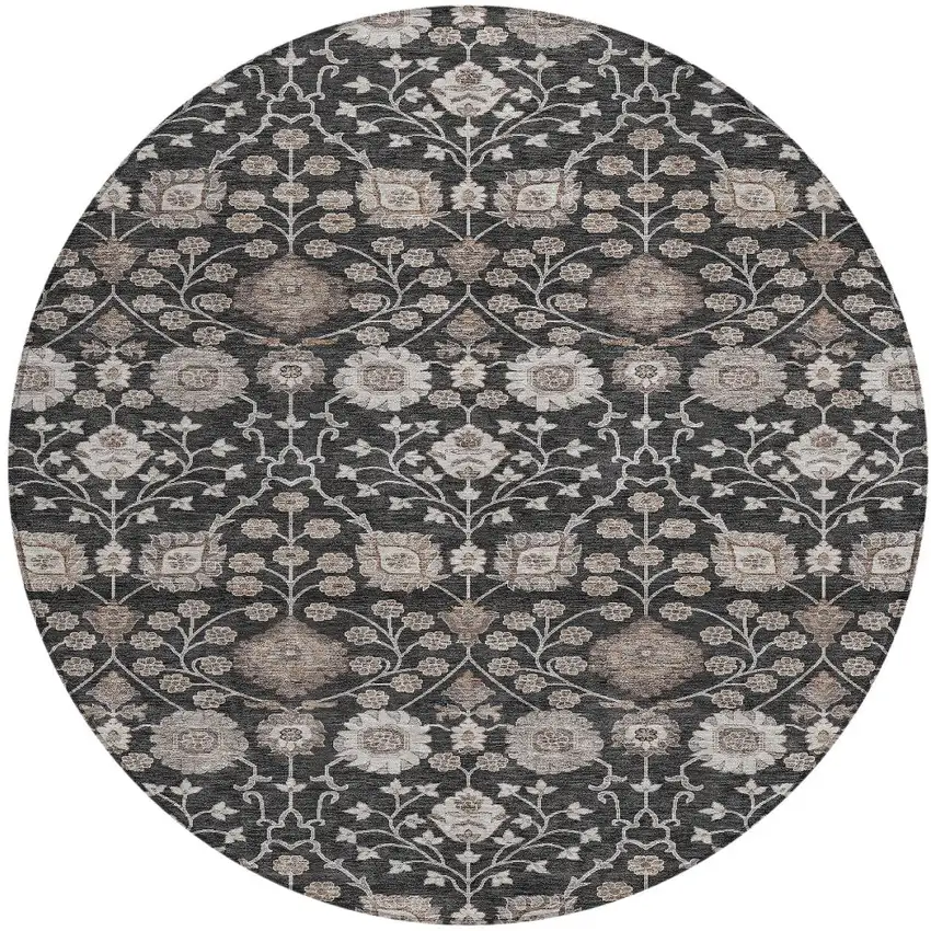 8' Black Brown And Beige Round Floral Washable Indoor Outdoor Area Rug Photo 6
