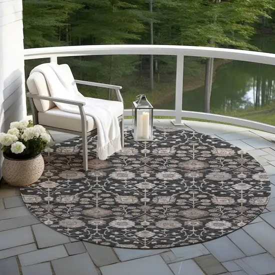8' Black Brown And Beige Round Floral Washable Indoor Outdoor Area Rug Photo 7