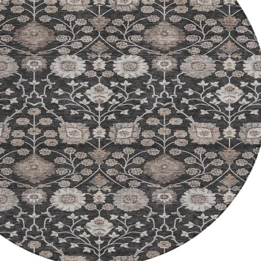 8' Black Brown And Beige Round Floral Washable Indoor Outdoor Area Rug Photo 5