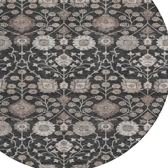 8' Black Brown And Beige Round Floral Washable Indoor Outdoor Area Rug Photo 5