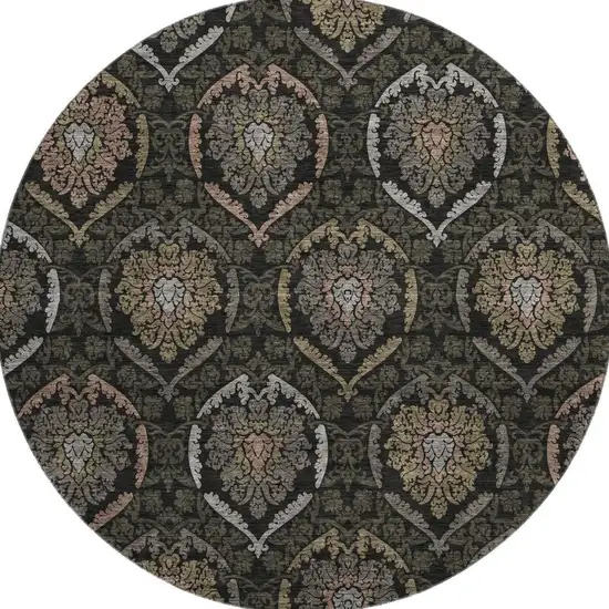 8' Black Brown And Gray Medallion Washable Round Rug With UV Protection Photo 3