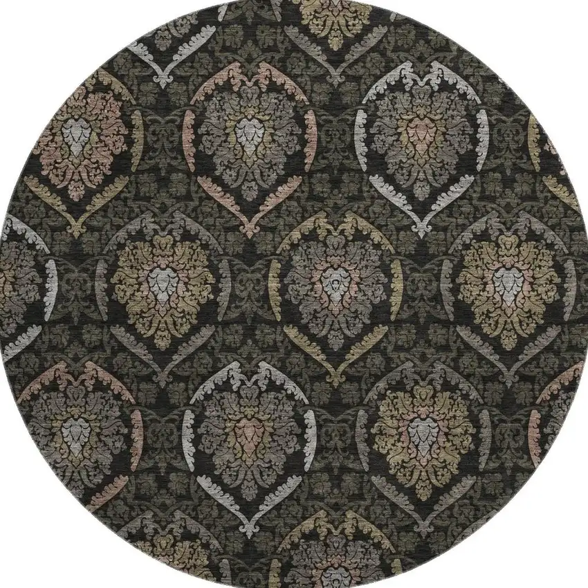 8' Black Brown And Gray Medallion Washable Round Rug With UV Protection Photo 3