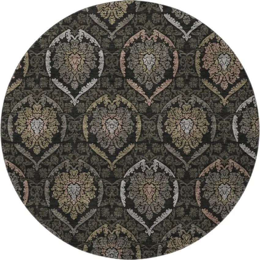 8' Black Brown And Gray Medallion Washable Round Rug With UV Protection Photo 4