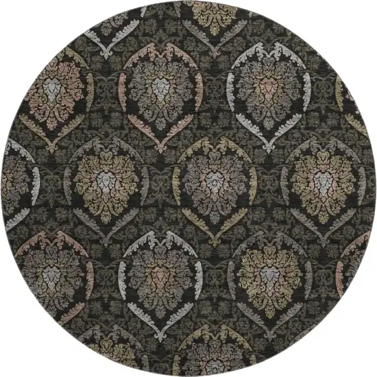 8' Black Brown And Gray Medallion Washable Round Rug With UV Protection Photo 1