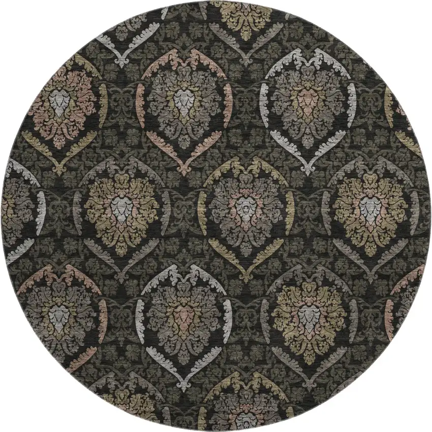 8' Black Brown And Gray Medallion Washable Round Rug With UV Protection Photo 1