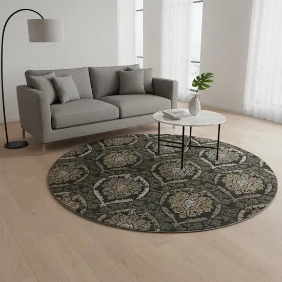 8' Black Brown And Gray Medallion Washable Round Rug With UV Protection Photo 2