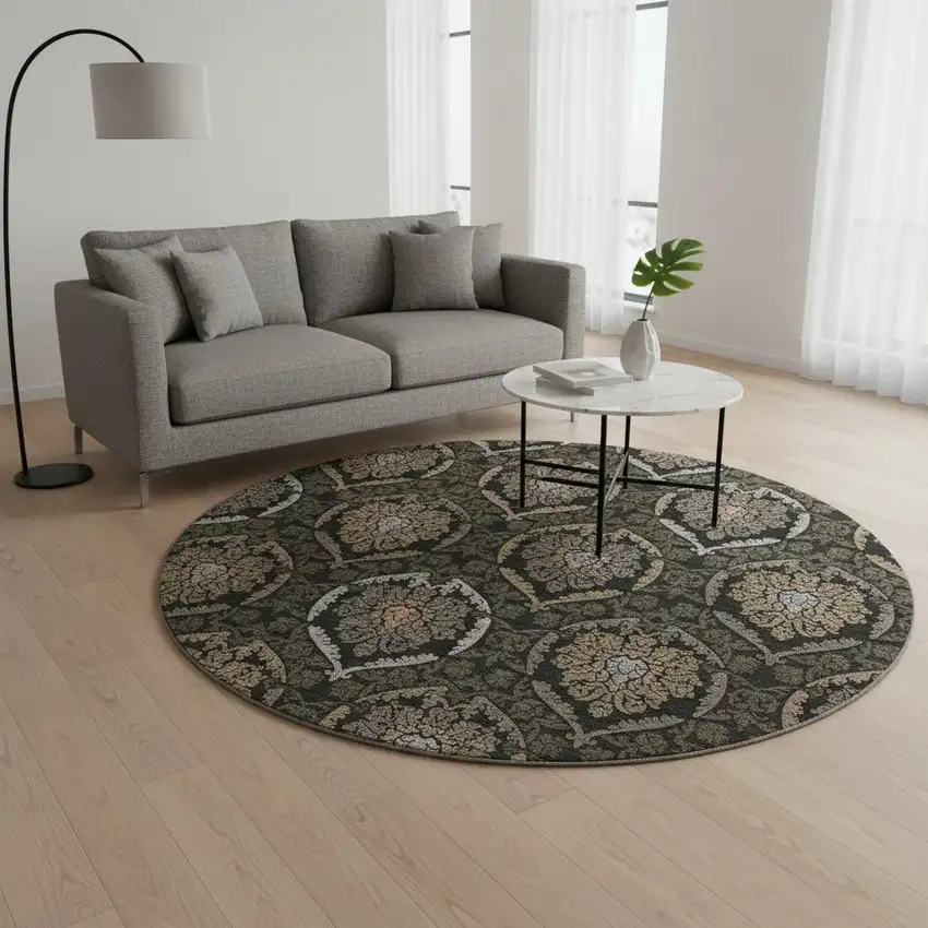 8' Black Brown And Gray Medallion Washable Round Rug With UV Protection Photo 2