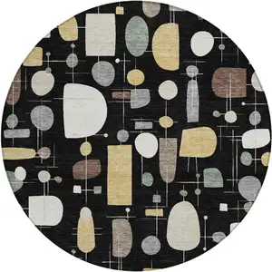 Photo of 8' Black Brown And Gray Round Geometric Washable Indoor Outdoor Area Rug