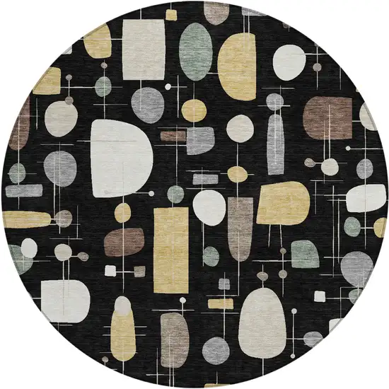 8' Black Brown And Gray Round Geometric Washable Indoor Outdoor Area Rug Photo 1