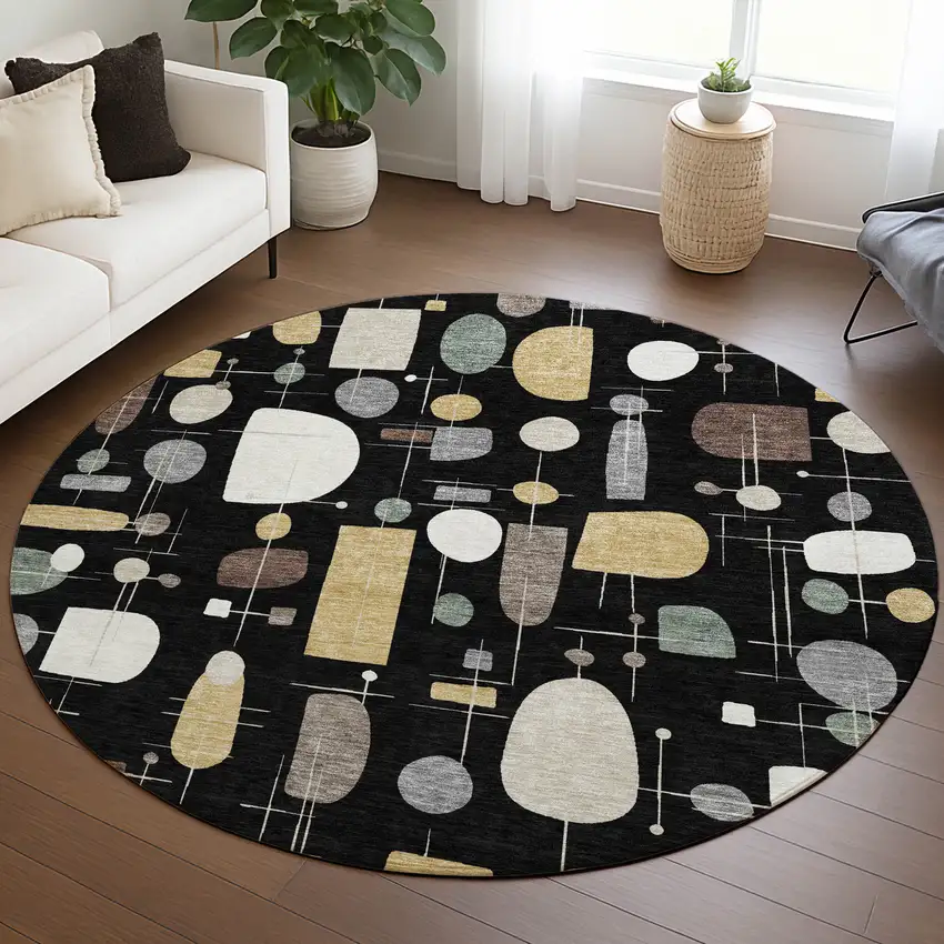 8' Black Brown And Gray Round Geometric Washable Indoor Outdoor Area Rug Photo 5