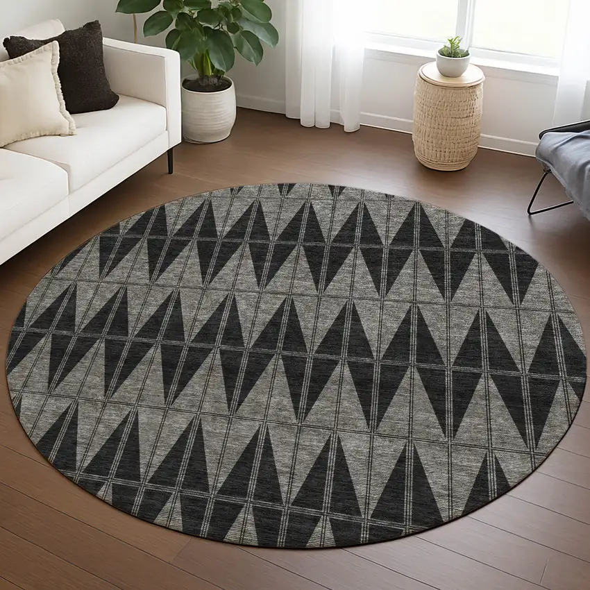 8' Black Brown And Gray Round Geometric Washable Indoor Outdoor Area Rug Photo 5
