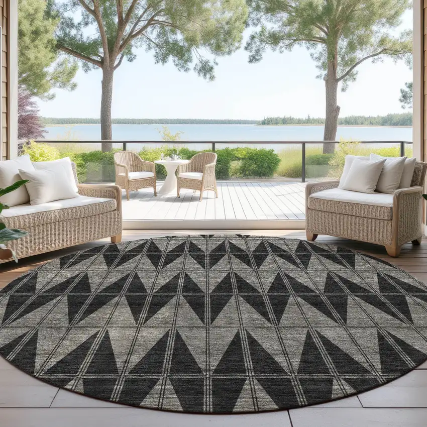 8' Black Brown And Gray Round Geometric Washable Indoor Outdoor Area Rug Photo 4