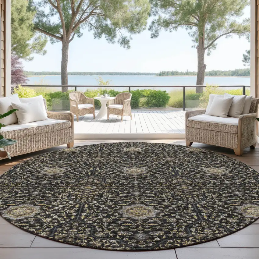 8' Black Brown And Gray Round Oriental Washable Indoor Outdoor Area Rug Photo 4