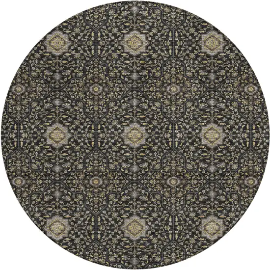 8' Black Brown And Gray Round Oriental Washable Indoor Outdoor Area Rug Photo 1