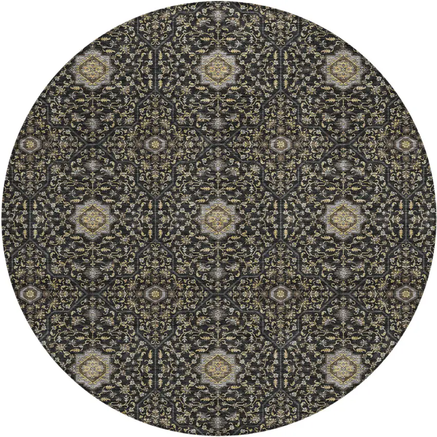 8' Black Brown And Gray Round Oriental Washable Indoor Outdoor Area Rug Photo 1